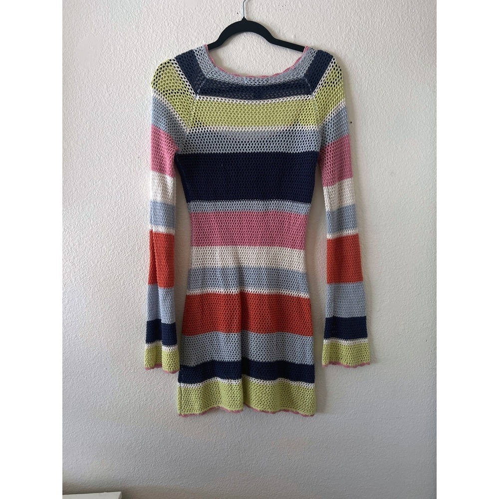 Forever 21 Womens Small Striped Crochet Mini Dress Cover Up Long Sleeve Cotton - Picture 2 of 7